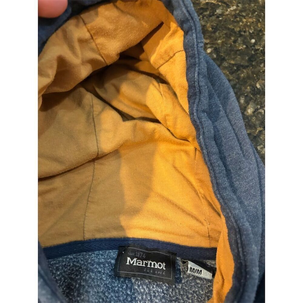 Marmot Men's Medium Blue Pullover Hoodie Fleece Lined Kangaroo Pocket - Picture 9 of 12